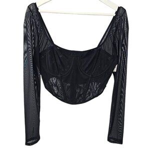 Anthropologie Long Sleeve Mesh Crop Top Black Size Large Boned Sheer NWT